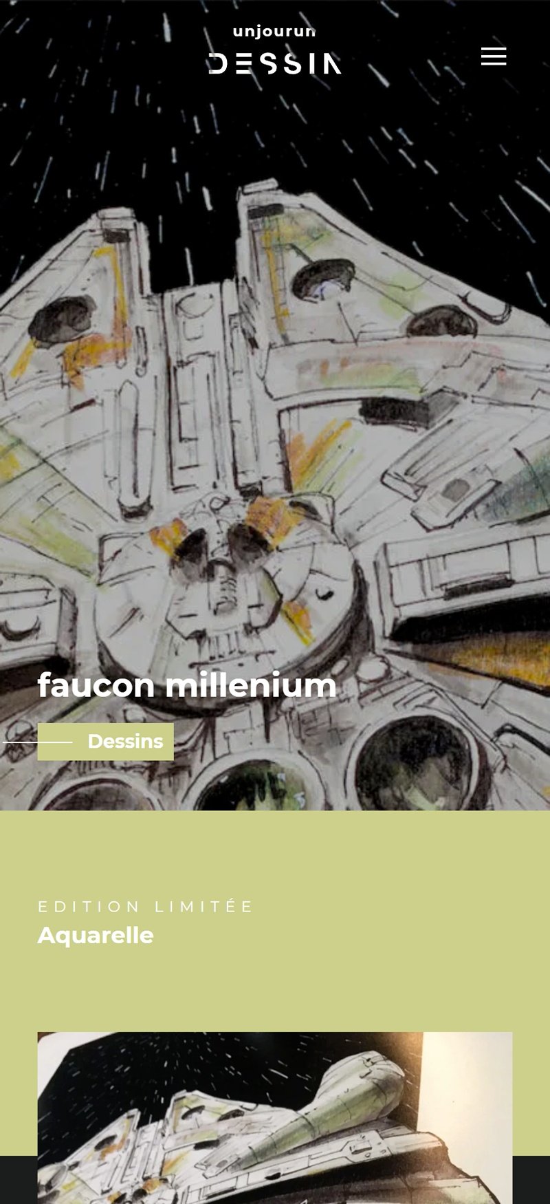 Un Jour Un Dessin. Fiche d'un dessin sur mobile : l'œuvre occupe l'écran, sa technique et son numéro s'affichent en bas.