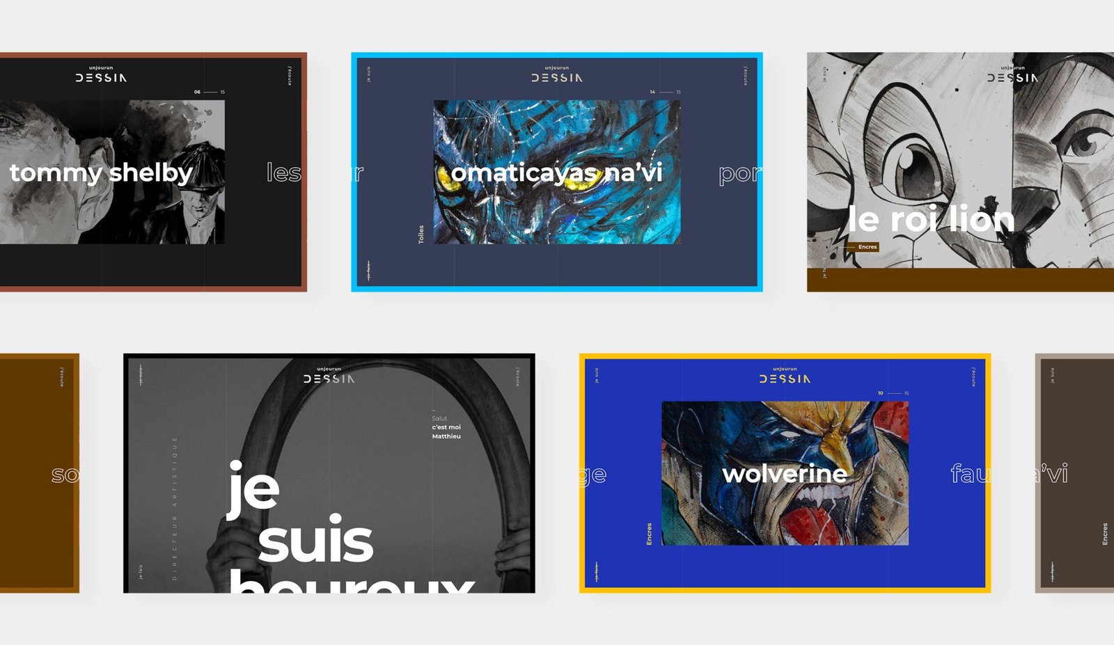 Un Jour Un Dessin. Montage de pages du site Un Jour Un Dessin : l'écran de chargement, la galerie en WebGL et plusieurs vues de dessins en pleine page.