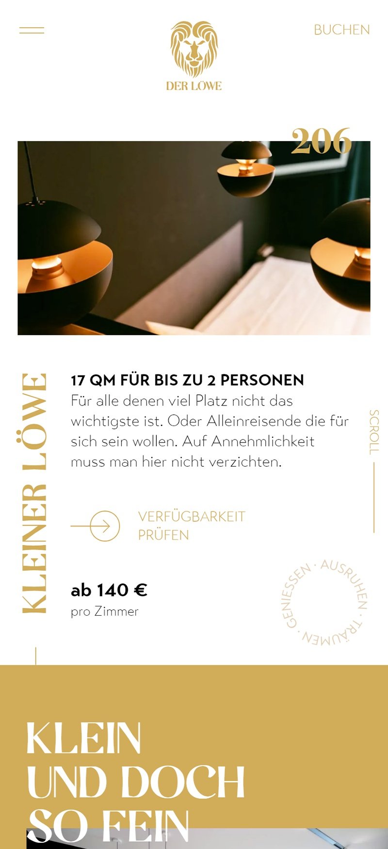 Der Löwe Burgberg. Page d'accueil sur mobile : la photographie de l'hôtel occupe l'écran, le menu est réduit à un bouton.