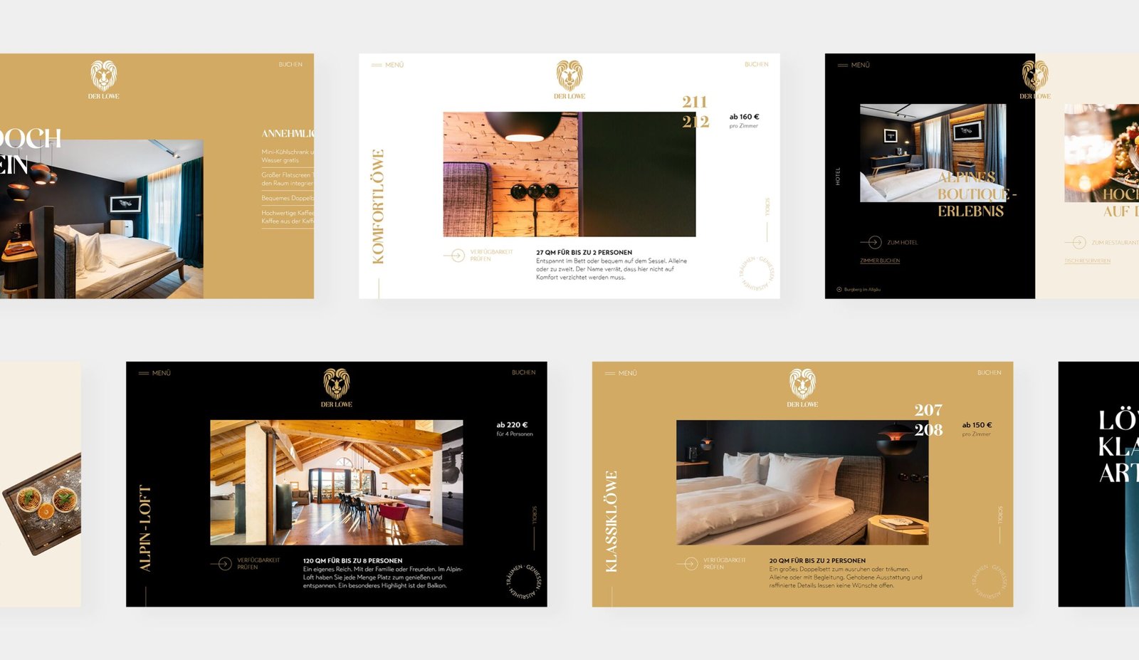 Der Löwe Burgberg. Montage de pages du site Der Löwe Burgberg : l'accueil, la présentation des chambres, la carte du restaurant et une page longue déroulée.