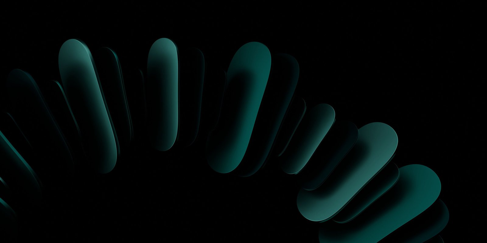 Formes arrondies vert sombre alignées en arc sur fond noir, rendu 3D.