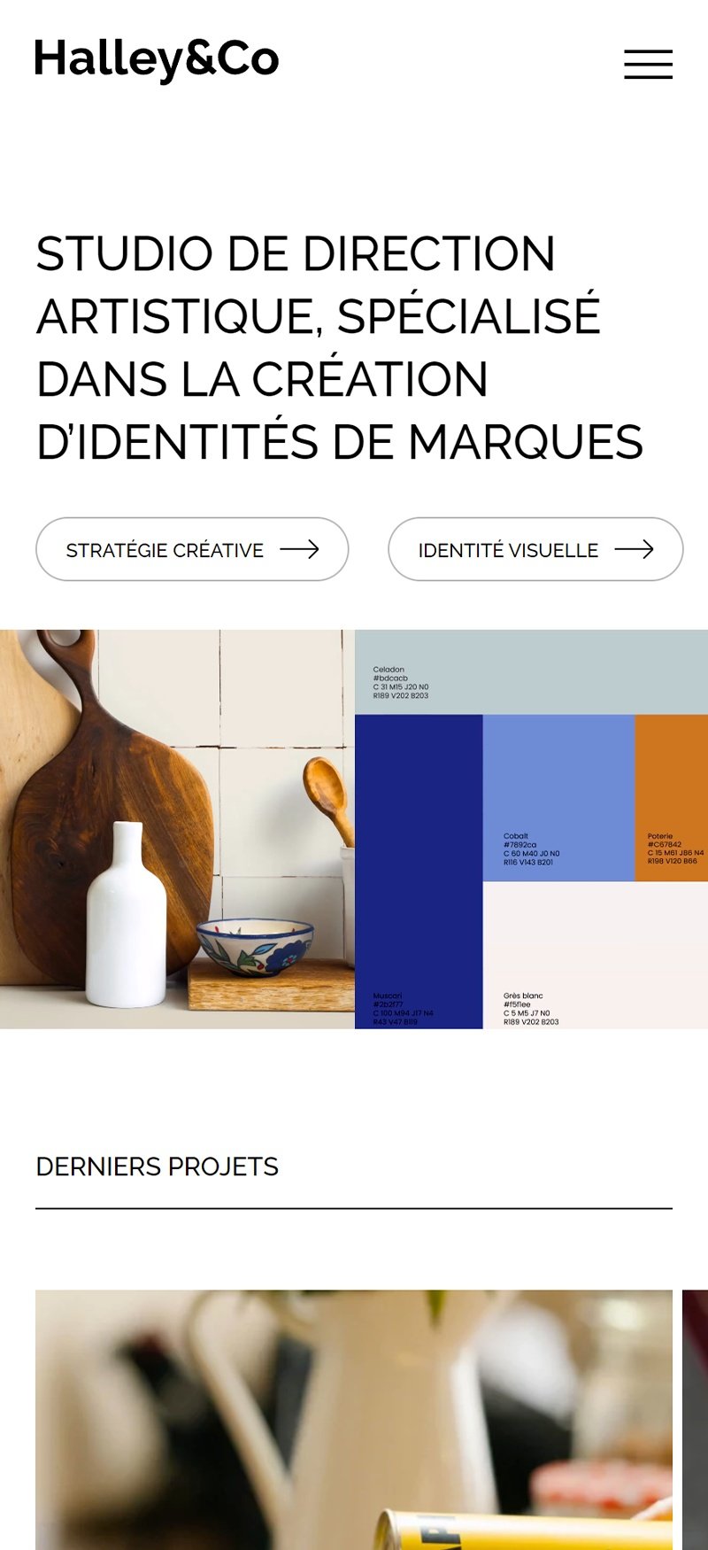 Halley&Co. Liste des projets sur mobile : les cas défilent en pleine largeur, titre et services associés en surimpression.