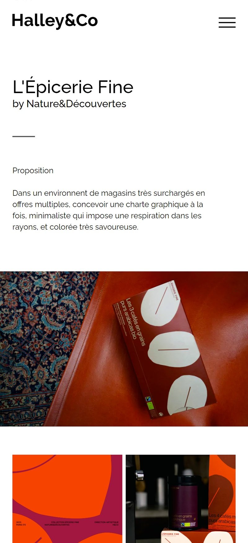 Halley&Co. Page projet sur mobile : les visuels du cas s'enchaînent, entrecoupés de courts blocs de texte.