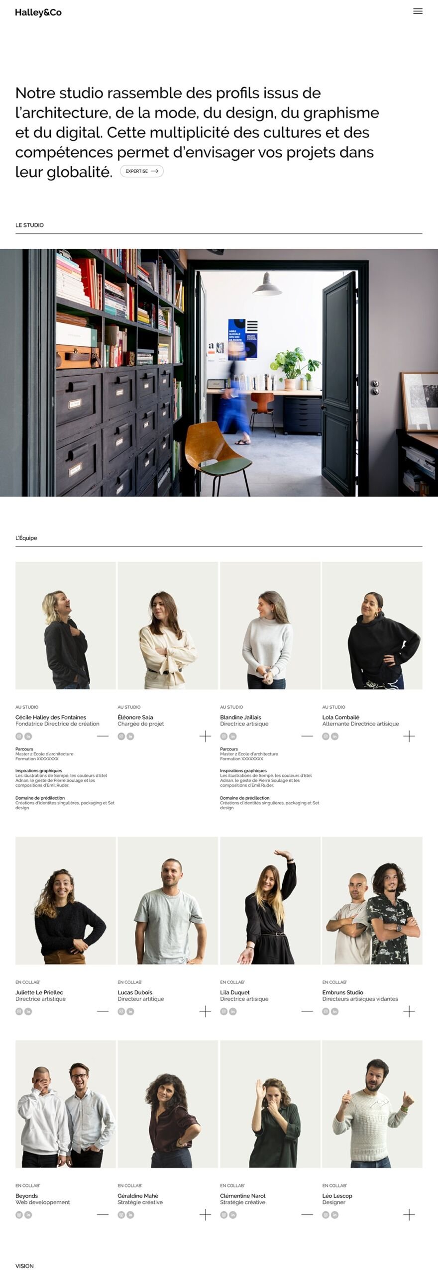 Halley&Co. Page projet sur ordinateur, vue de haut en bas : alternance de visuels pleine largeur et de colonnes.