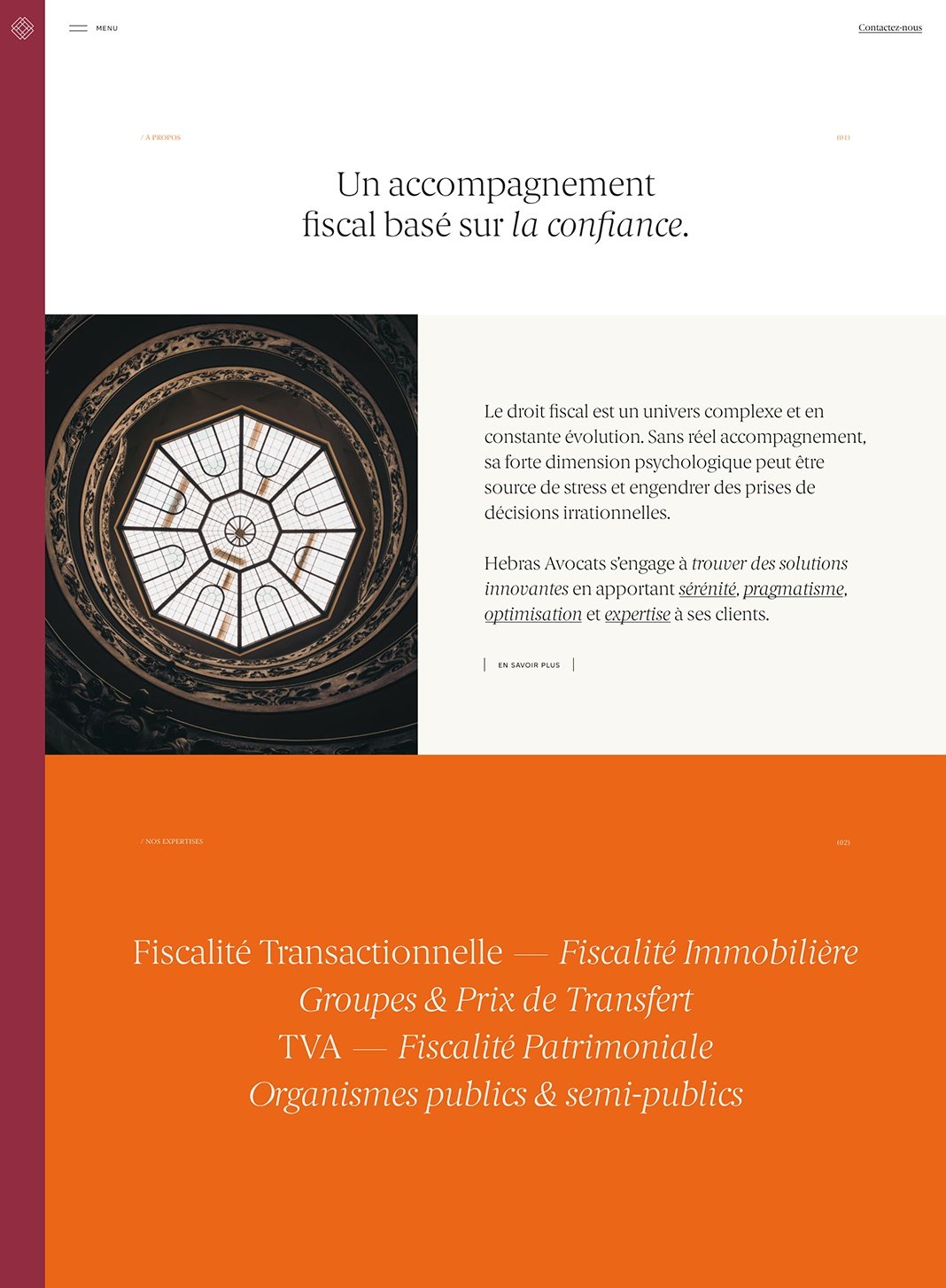 Hebras Avocats. Section « À propos » sur ordinateur : le titre « Un accompagnement fiscal basé sur la confiance » précède un bandeau orange qui déroule les six domaines de fiscalité du cabinet.