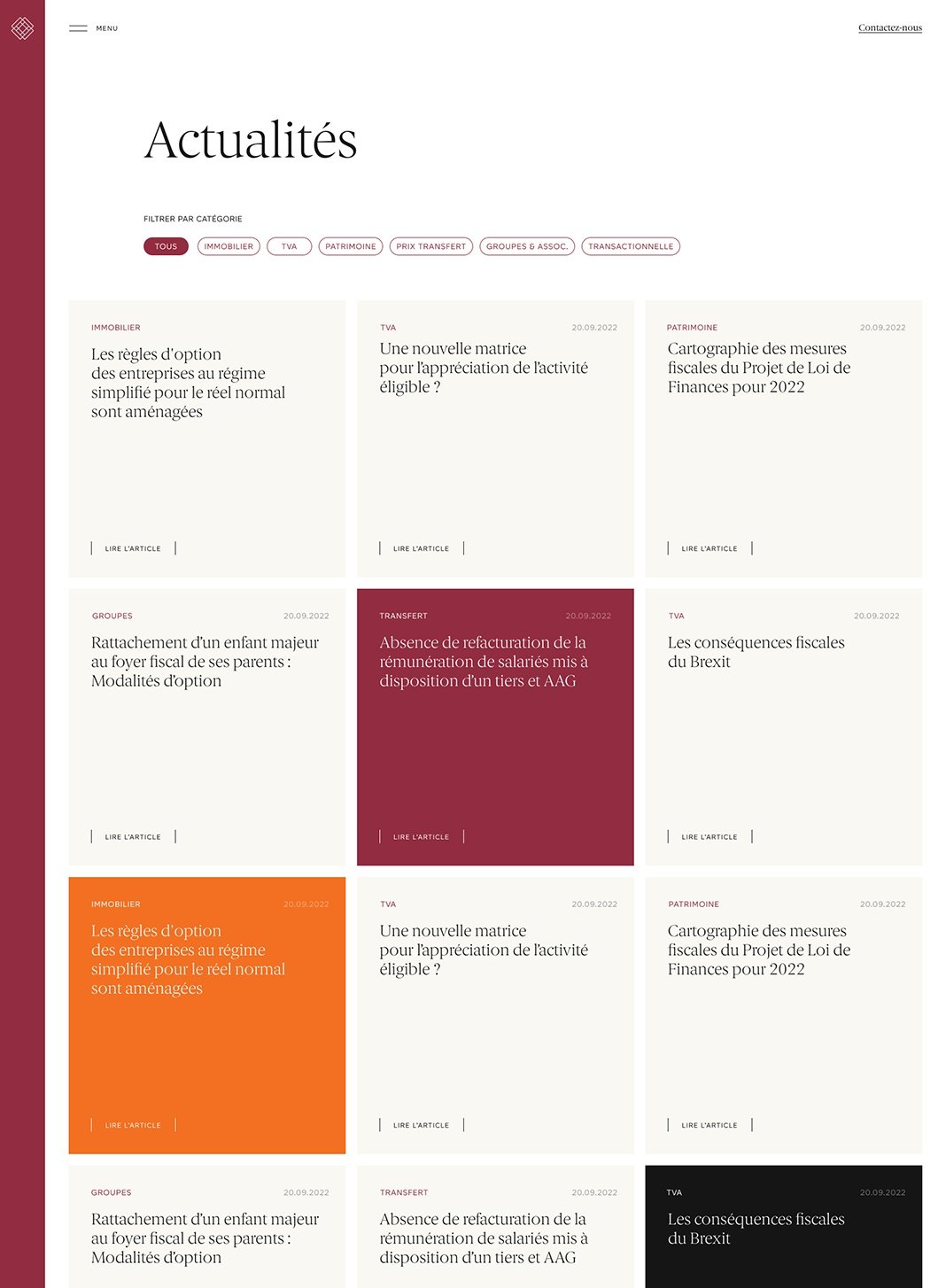 Hebras Avocats. Page Actualités sur ordinateur : les articles se filtrent par domaine et s'affichent en cartes dont les fonds alternent crème, bordeaux, orange et noir.