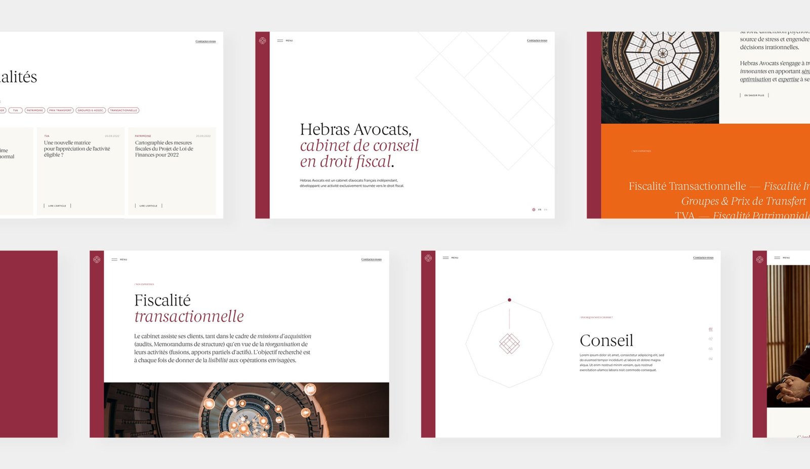 Hebras Avocats. Montage de pages du site Hebras Avocats : l'accueil « cabinet de conseil en droit fiscal », la liste des actualités filtrable, une page d'expertise et le bandeau orange des six domaines.