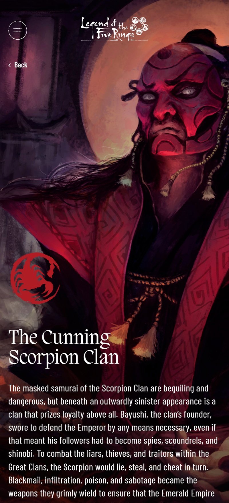 Legend of the Five Rings. Présentation d'un clan sur mobile : le blason, le nom et la devise du clan sur fond illustré.