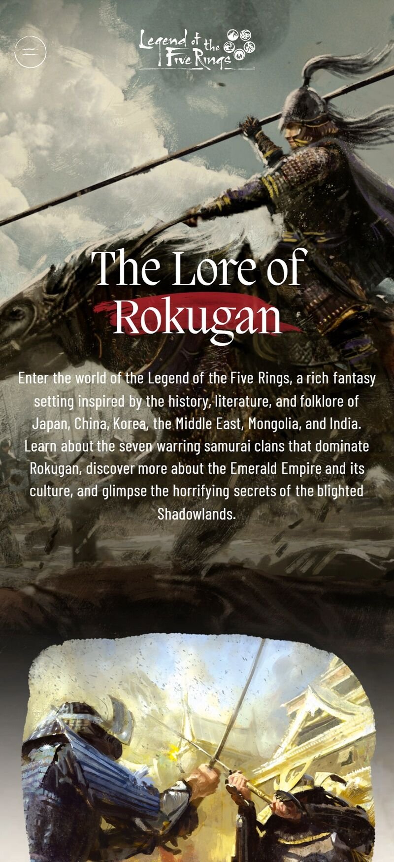 Legend of the Five Rings. Page de lore sur mobile : un chapitre de l'histoire de Rokugan, illustré et paginé.