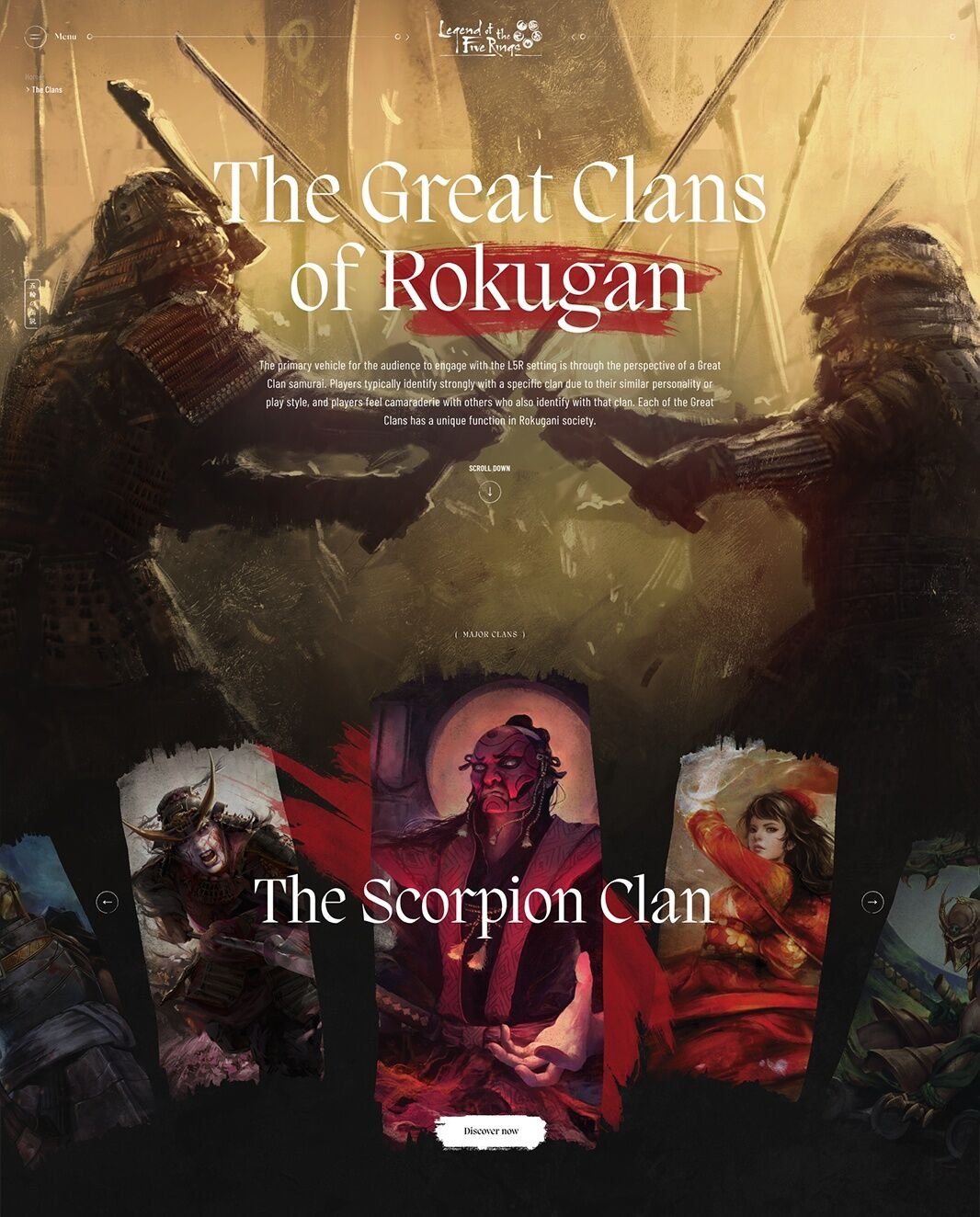 Legend of the Five Rings. Sélection des sept grands clans sur ordinateur : chaque blason se déploie au survol.