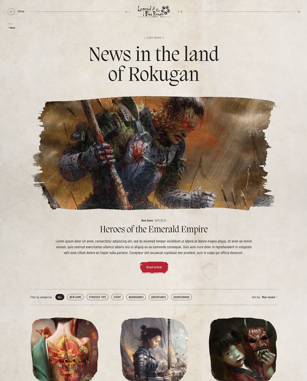 Legend of the Five Rings. Fiche produit sur ordinateur : une gamme de la licence, sa description et ses visuels.