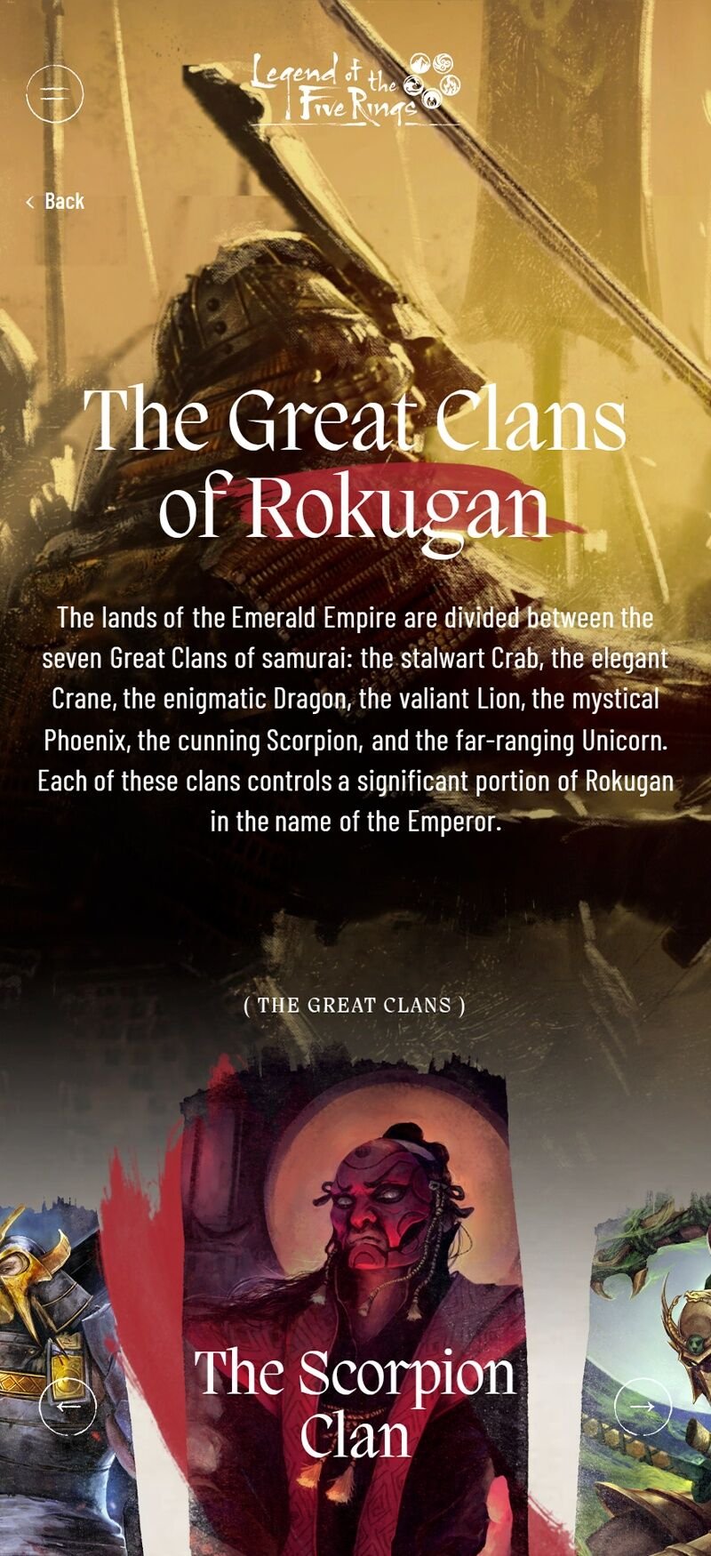 Legend of the Five Rings. Liste des produits sur mobile : cartes, jeu de rôle et romans se succèdent en vignettes.