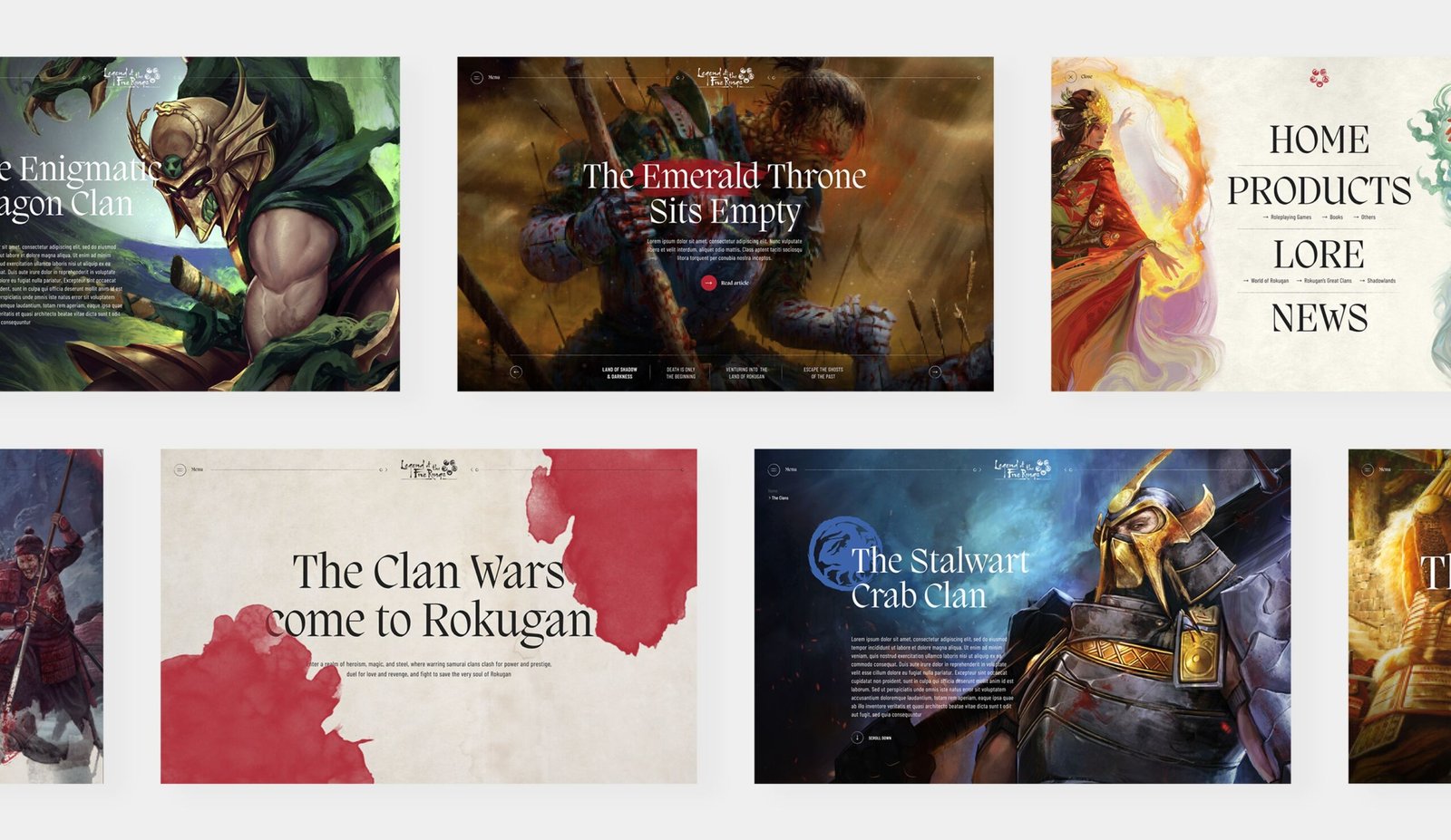 Legend of the Five Rings. Montage de pages du site Legend of the Five Rings : l'accueil, la présentation des grands clans, une page de lore et la liste des produits.