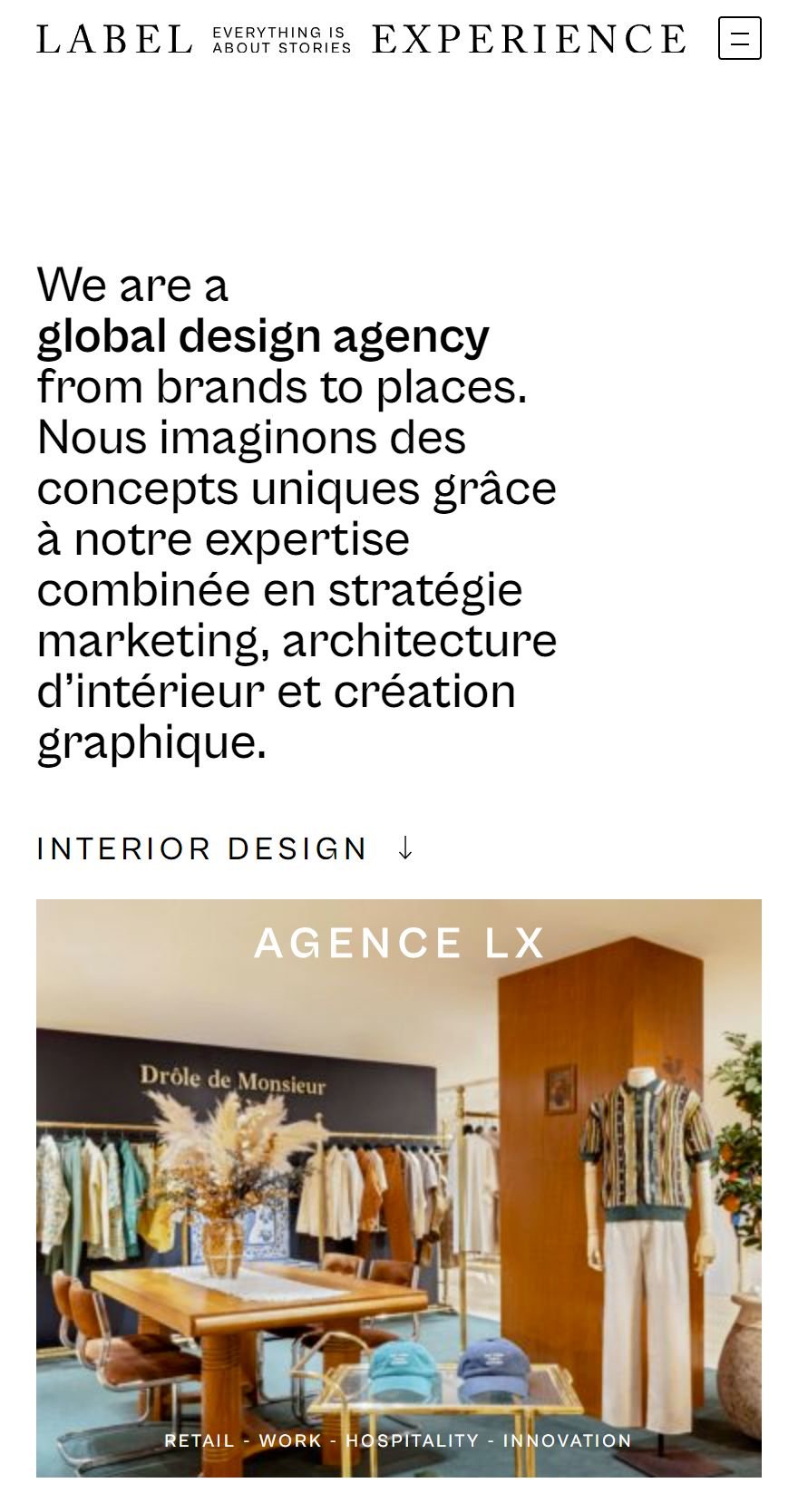 Label Experience. Page d'accueil sur mobile : l'entrée se fait par le choix entre l'agence et le studio.