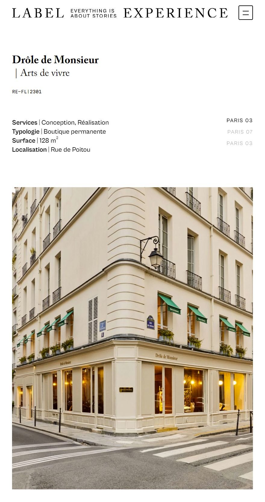 Label Experience. Page projet sur mobile : les visuels du cas client s'enchaînent sous le titre et les expertises mobilisées.