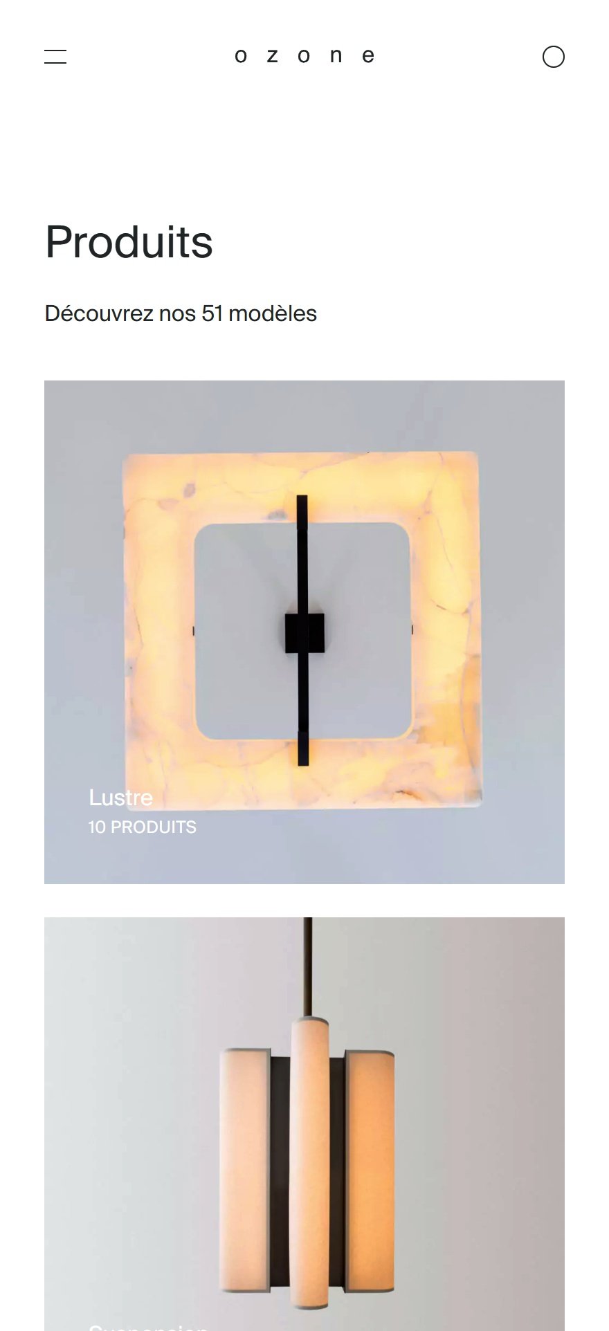 Ozone Light. Page Produits sur mobile : sous le titre « Découvrez nos 51 modèles », les vignettes des catégories Lustre et Suspension.