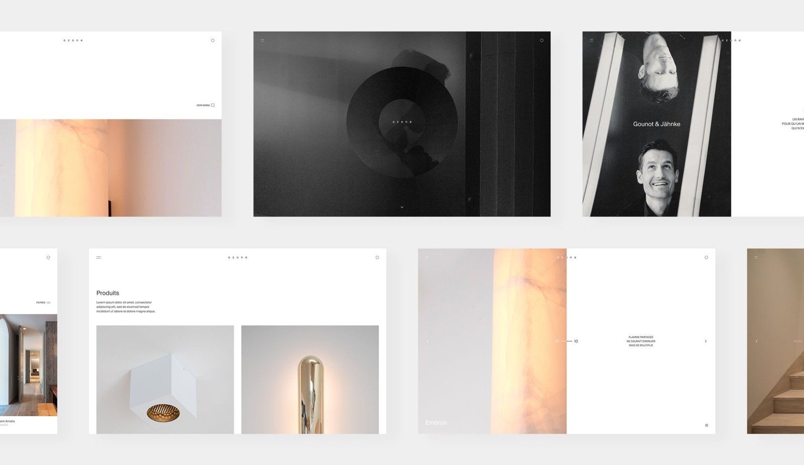 Ozone Light. Montage de pages du site Ozone : l'accueil sombre où le logo s'inscrit dans un anneau lumineux, la page des designers Gounot & Jähnke, la grille de produits et le slider de collection.