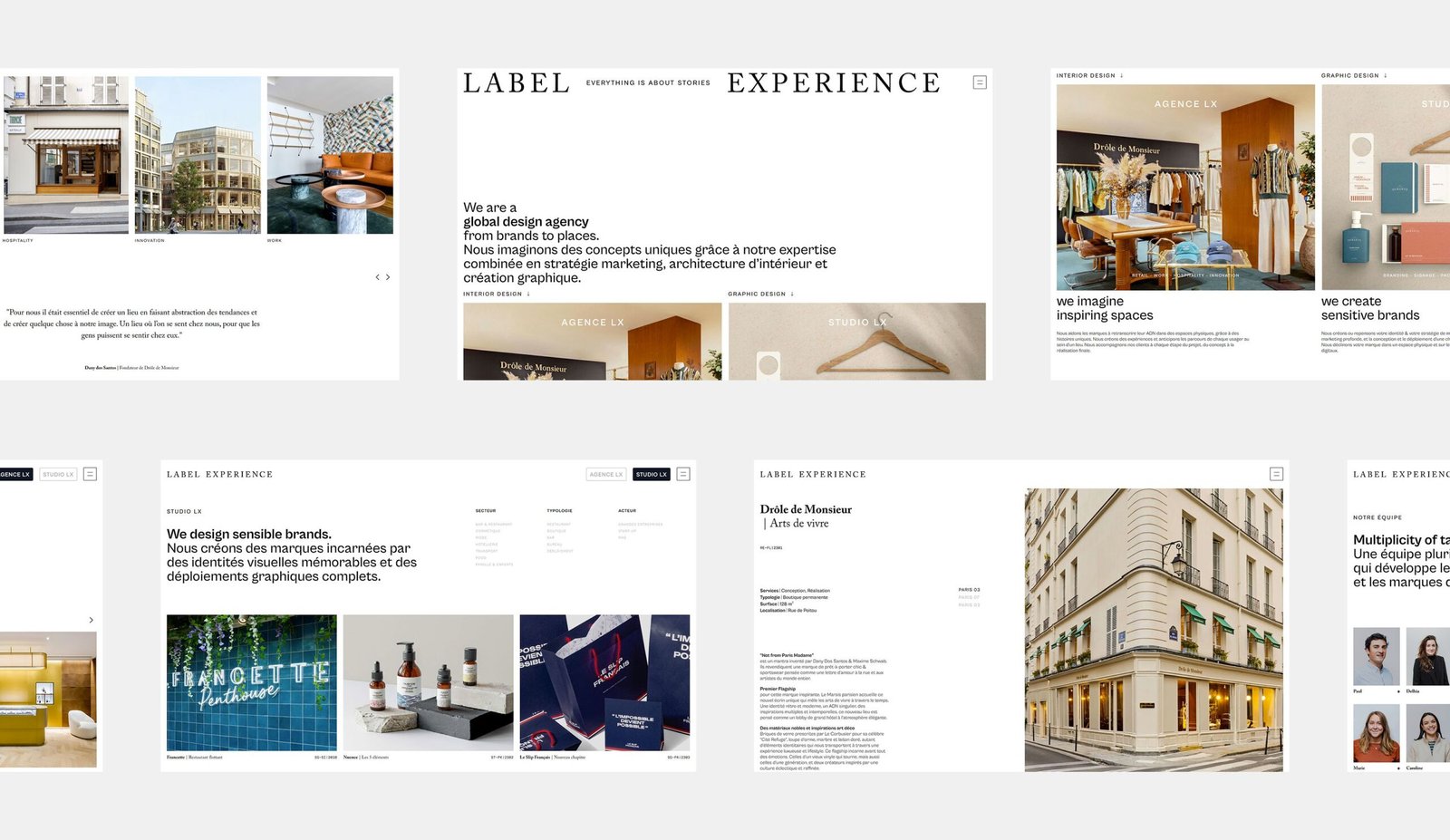 Label Experience. Montage de pages du site Label Experience : l'accueil, la bascule entre l'agence et le studio, un cas client et le mur de clients.