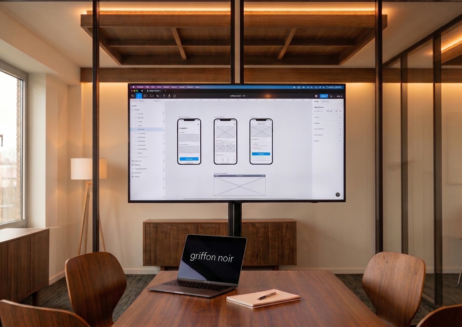 Salle de réunion : un grand écran affiche des maquettes d’application mobile, au-dessus d’une table en bois où un ordinateur portable montre le logo Griffon Noir.